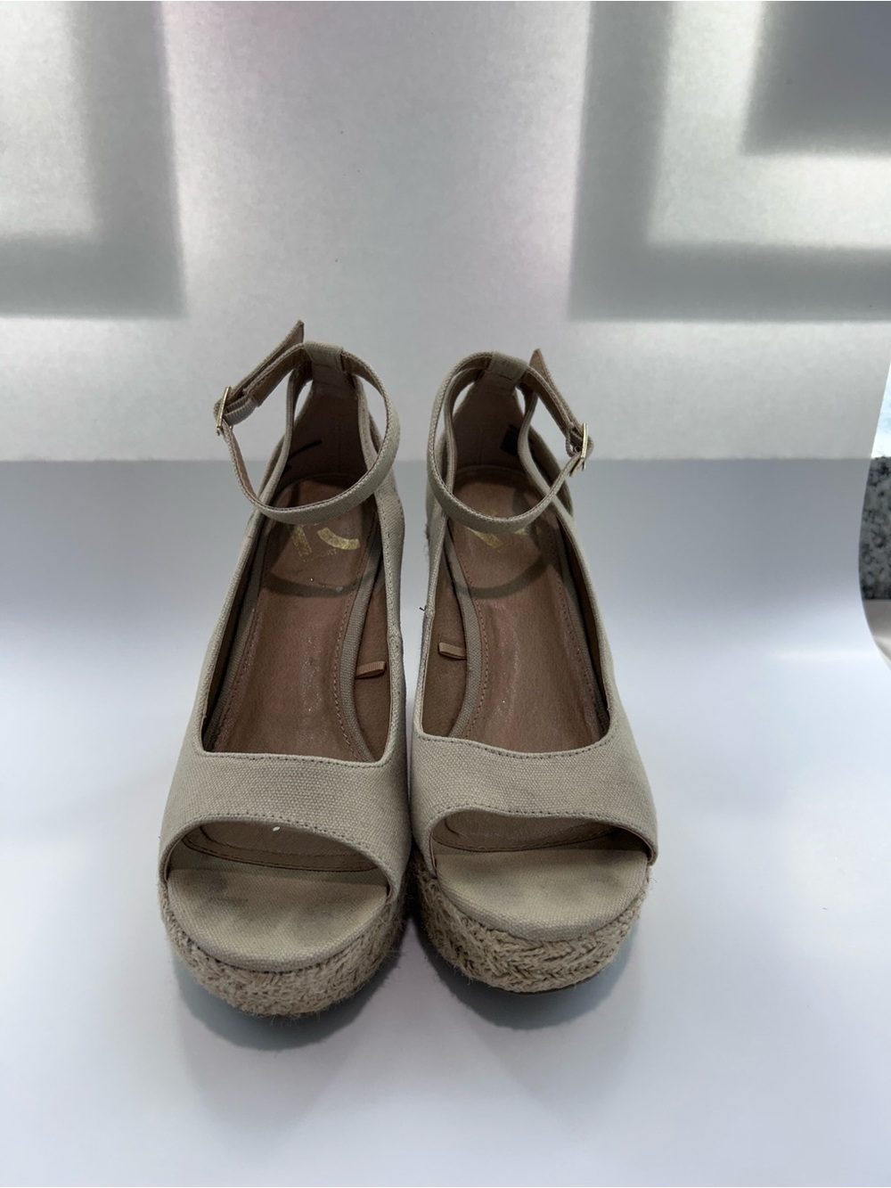 Report Beige Canvas Wedge Sandals with Ankle Strap